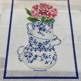 LBPL14 Blue and White Stacked Teacups with Pink Flowers by Kate Dickerson Needlepoint Collections (thumbnail)