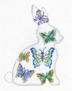 Rabbit ~ Butterfly Seated Bunny Rabbit handpainted Needlepoint Ornament by Kelly Clark by Kelly Clark Needlepoint (Colonial Needle) (thumbnail)