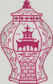 Mini Chinese Vase – Tall Raspberry & White w/ Pagoda Canvas by Kate Dickerson Needlepoint Collections (thumbnail)