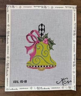 Lime Swirls & Fuchsia Bow Handbell by Kelly Clark Needlepoint (Colonial Needle) (thumbnail)