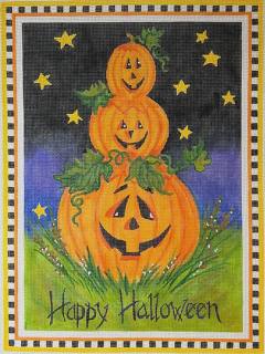 Sally Eckman Roberts – “Happy Halloween” Jack-o-lantern Stack on Starry Night by Kate Dickerson Needlepoint Collections (thumbnail)