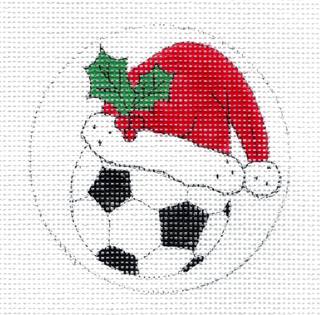 Sports ~ Soccer Ball Wearing a Santa Hat Sports 13 Mesh 4" Round Ornament HP needlepoint canvas by by Alice Peterson by Alice Peterson (thumbnail)