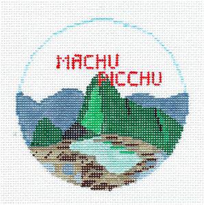 Travel Round ~ MACHU PICCHU, PERU South America handpainted Needlepoint Ornament Canvas by Kathy Schenkel by Kathy Schenkel (thumbnail)