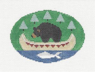 Oval ~ Black Bear in an Indian Canoe handpainted 18 Mesh Needlepoint Canvas by Kathy Schenkel by Kathy Schenkel (thumbnail)