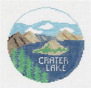 Travel Round ~ CRATER LAKE NATIONAL PARK in OREGON handpainted Needlepoint Canvas by Kathy Schenkel by Kathy Schenkel (thumbnail)
