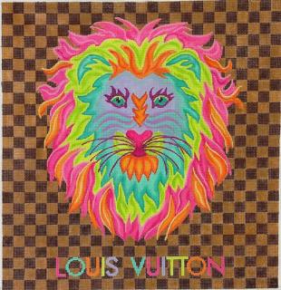 Designer Scarf Series – LV-Inspired – Colorful Lion on Brown Checkerboard by Kate Dickerson Needlepoint Collections (thumbnail)