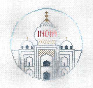Travel Round ~ The Country of INDIA handpainted 4" Round 18 Mesh Needlepoint Canvas by Kathy Schenkel by Kathy Schenkel (thumbnail)