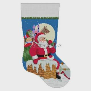 Santa Down the Chimney Stocking Girl by Susan Roberts Needlepoint (thumbnail)