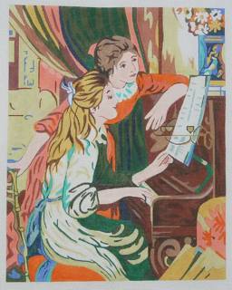Two Young Girls Playing Piano from Renoir - Handpainted by Gone Stitching (thumbnail)