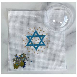 Star of David Aqua on Dots Ornament with Clear Dome & Confetti by Kate Dickerson Needlepoint Collections (thumbnail)