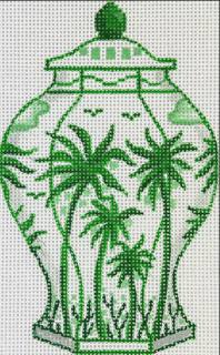 Tall Green & White w/ Palm Trees Chinese Vase Canvas by Kate Dickerson Needlepoint Collections (thumbnail)