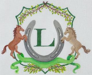Monogram Crest – Horses, Horseshoe, Ribbon & Greenery (specify letter or blank) by Kate Dickerson Needlepoint Collections (thumbnail)