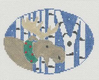 Oval ~ Woodland Moose in Winter Birch Trees 18 Mesh handpainted Needlepoint Canvas by Kathy Schenkel by Kathy Schenkel (thumbnail)