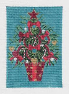 RED BOW CHRISTMAS TREE 18 Mesh Handpainted Needlepoint Ornament Canvas by Alice Peterson by Alice Peterson (thumbnail)