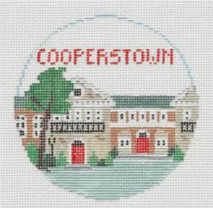 Travel Round ~ COOPERSTOWN, NEW YORK ~BASEBALL~ 4" Rd. handpainted 18 Mesh Needlepoint Canvas by Kathy Schenkel by Kathy Schenkel (thumbnail)
