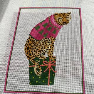 LBPL02 Party Animal Cheetah with gift and pink sweater by Kate Dickerson Needlepoint Collections (thumbnail)