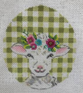 Curly Lamb w/ Flower Crown on green gingham by Kelly Clark Needlepoint (Colonial Needle) (thumbnail)
