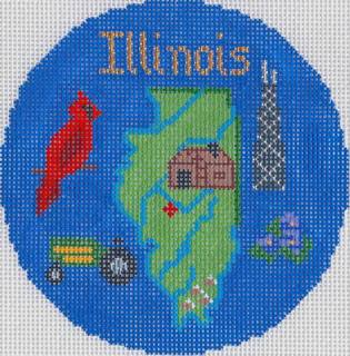 Travel Round ~ State of ILLINOIS handpainted 4.25" Round Needlepoint Canvas by Silver Needle by Silver Needle (thumbnail)