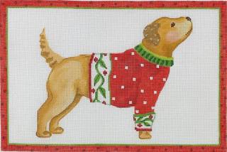 Sally Eckman Roberts – Yellow Dog in Sweater – yellow ochres, greens & reds SER-PL-01 by Kate Dickerson Needlepoint Collections (thumbnail)