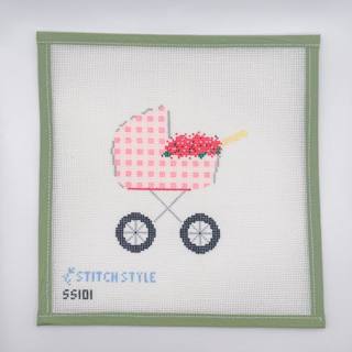 Baby Carriage, Pink Gingham with stitch guide by Stitch Style Needlepoint (thumbnail)