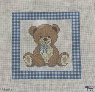 Bear Lovey with Blue Gingham Border Canvas by melissa loves needlepoint (thumbnail)