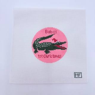 Alligator Baby's First Christmas Pink Canvas by M F Needlepoint (thumbnail)