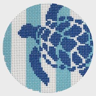 NTG TS494 - Sea Turtle Stencil on Aqua Stripes Round by Two Sisters Needlepoint (thumbnail)