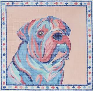 Megan Carn Bulldog – corals & blues on peach w/ spotted border MC-PL-04 by Kate Dickerson Needlepoint Collections (thumbnail)