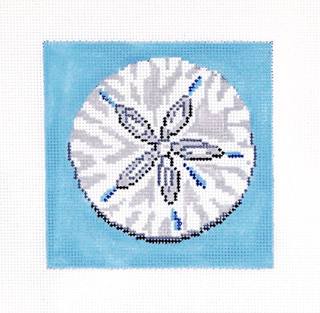 Seaside Canvas ~ White Sand Dollar on Blue 18 Mesh handpainted 4" Sq. Needlepoint Canvas by Needle Crossings by Needle Crossings (thumbnail)