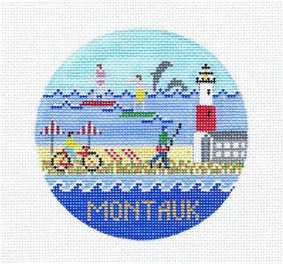 Travel Round ~ MONTAUK, Long Island NEW YORK handpainted 18 Mesh Needlepoint 4" Rd. Ornament by Doolittle by Doolittle Stitchery (thumbnail)