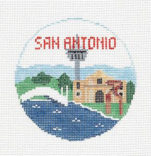 Travel Round ~ San Antonio, Texas handpainted 4" Rd. 18 Mesh Needlepoint Canvas by Kathy Schenkel by Kathy Schenkel (thumbnail)