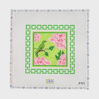 Green Bird and Peonies with Green Border by Susan Battle Needlepoint (thumbnail)
