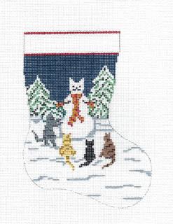 Stocking ~ 4 Cats Building a Snowman 18 mesh Mini Stocking Needlepoint Canvas by Needle Crossings by Needle Crossings (thumbnail)
