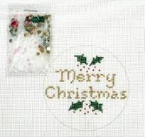 Merry Christmas w/ Holly -- gold letters by Kate Dickerson Needlepoint Collections (thumbnail)