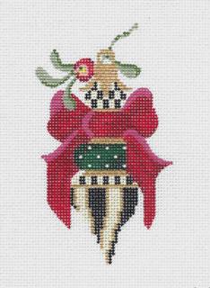 Ornament ~ Crimson Bow & Mistletoe handpainted Christmas Needlepoint Canvas by Kelly Clark by Kelly Clark Needlepoint (Colonial Needle) (thumbnail)