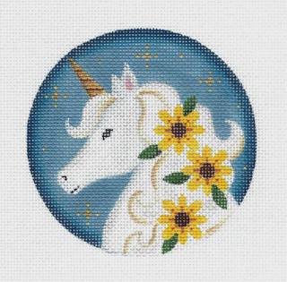 Round ~ SUMMER UNICORN Ornament handpainted 18 Mesh Needlepoint Canvas 4" Round by Rebecca Wood by Rebecca Wood Designs (thumbnail)