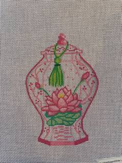 Tall Pin/Green/White Lotus Jar by Kate Dickerson Needlepoint Collections (thumbnail)