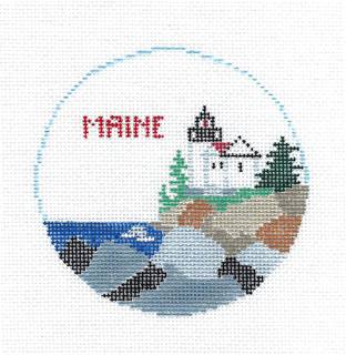 Travel Round ~ State of MAINE 4" Round handpainted Needlepoint Canvas ornament by Kathy Schenkel by Kathy Schenkel (thumbnail)
