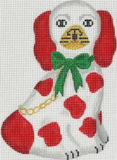 Mini Staffordshire Dog – White & Red w/ Gold Chain & Sparkly Green Bow (facing right) by Kate Dickerson Needlepoint Collections (thumbnail)