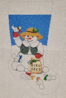 Snowlady Feeding Birds Stocking by Susan Roberts Needlepoint (thumbnail)