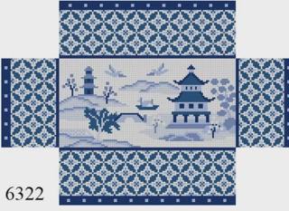 Asian Scene - Blues Brick Cover on 13m by Susan Roberts Needlepoint (thumbnail)