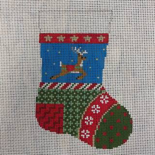 Patchwork Reindeer Mini Stocking by Susan Roberts Needlepoint (thumbnail)