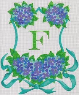 Monogram Crest – Hydrangeas & Ribbon – blues, lavenders, turquoise (specify letter or blank) by Kate Dickerson Needlepoint Collections (thumbnail)