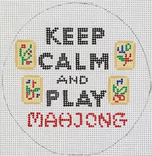 Planet Earth & Lee 4” Round – Keep Calm & Play Mahjong – red, black, ivory, green & blue on white by Kate Dickerson Needlepoint Collections (thumbnail)