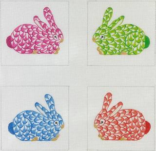 Set of 4 Coasters – Fishnet Crouching Bunnies – blues, greens, pinks & cinnabars by Kate Dickerson Needlepoint Collections (thumbnail)