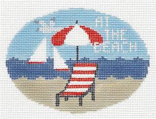 Oval ~ Day at The Beach Seaside handpainted Needlepoint Oval Canvas by Kathy Schenkel by Kathy Schenkel (thumbnail)