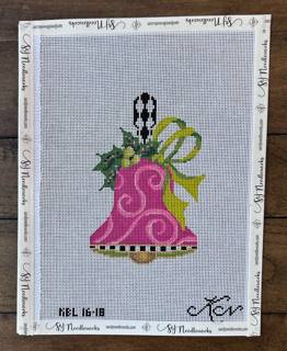 Fuchsia Swirls & Lime Bow Handbell by Kelly Clark Needlepoint (Colonial Needle) (thumbnail)