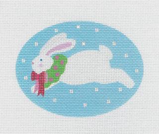 White Bunny Rabbit Wearing a Wreath on Blue 18 mesh handpainted Oval Canvas Needlepoint Ornament by Pepperberry by Pepperberry Designs (thumbnail)