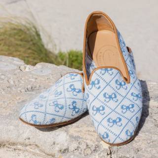 Blue Bows In Lattice Stubbs & Wootton Slippers (Pair of Canvases) by Lycette Designs (thumbnail)
