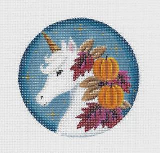 Round ~ AUTUMN UNICORN Ornament handpainted 18 Mesh Needlepoint Canvas 4" Round by Rebecca Wood by Rebecca Wood Designs (thumbnail)